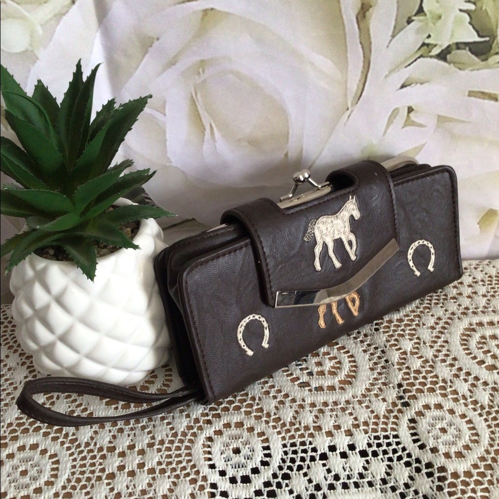 Vintage Braciano Embroidered Wallet Brown Horses & Horse Shoes Western Wallet